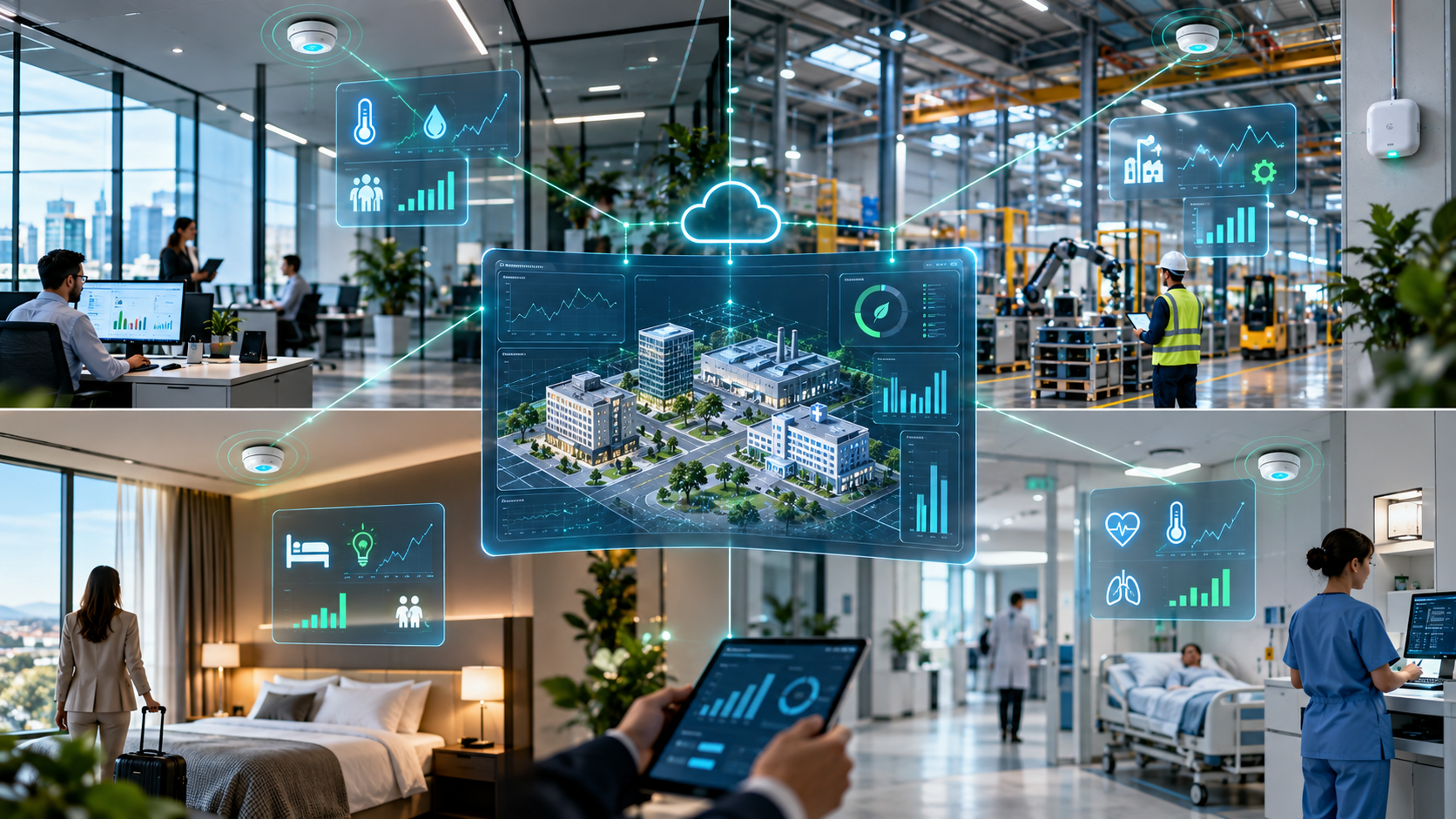 Sensor IoT inalámbrico monitorizando temperatura, humedad, calidad del aire y presencia en tiempo real mediante tecnología LoRaWAN en entornos empresariales digitalizados.