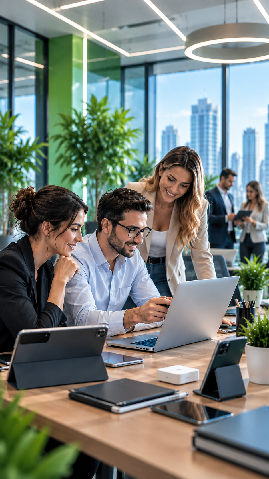 Equipo profesional utilizando tecnología de renting adaptada a su empresa