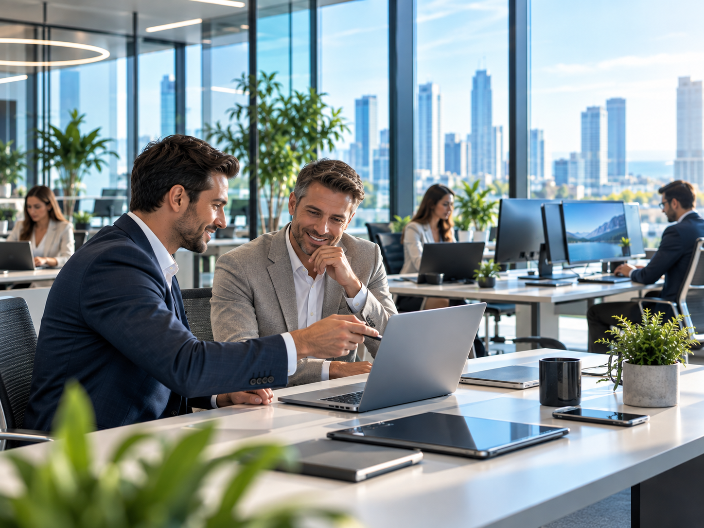 Equipo de empresa reunido con equipos incluidos en el renting tecnológico